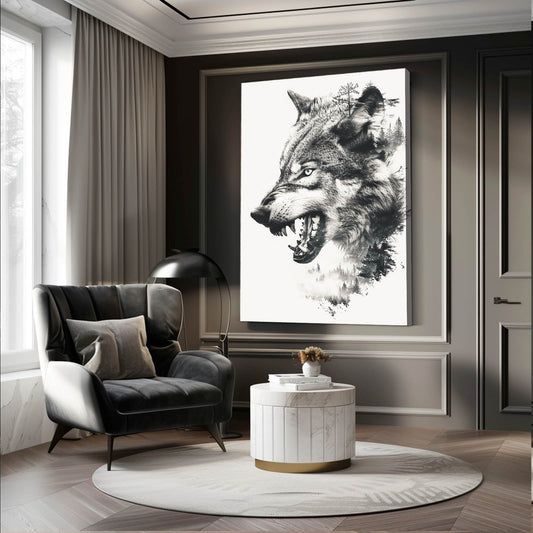 Fierce Wolf Art — black and white canvas print in white tones, view 3