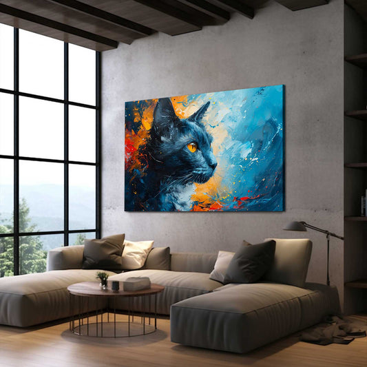 Fiery Ice Cat Wall Art — abstract canvas print in blue tones, view 3