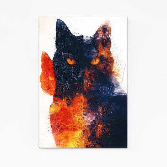Fire and Shadow Cat Wall Art — digital canvas print in blue tones, angled canvas view on white background