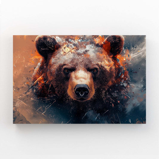 Fire Bear Art — contemporary canvas print in red tones, angled canvas view on white background