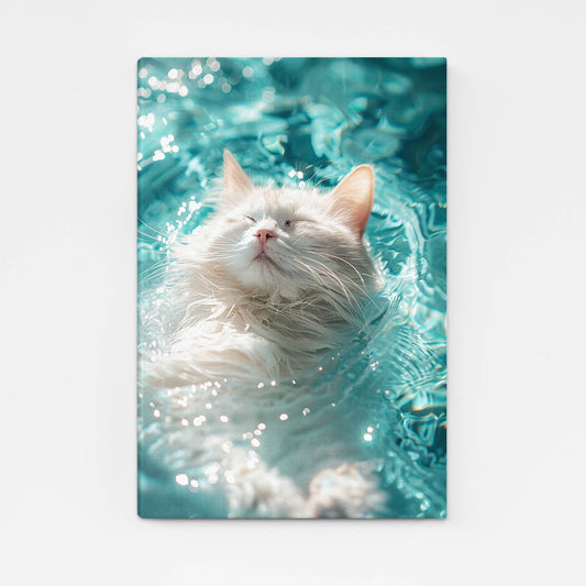 Floating Bliss Cat Art – angled canvas view on white background