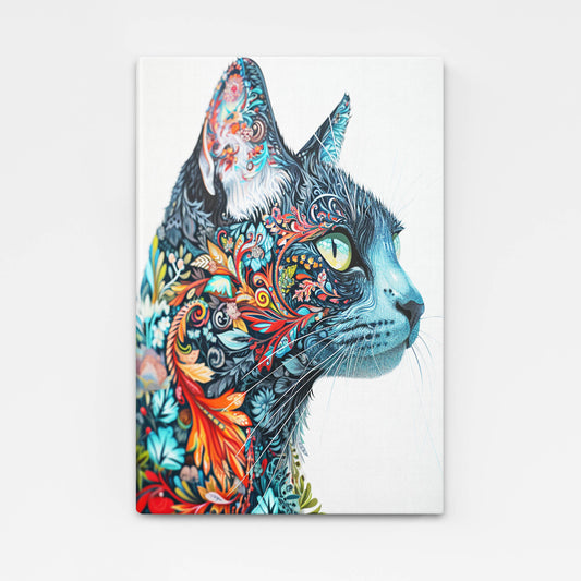Floral Fantasy Cat Art — contemporary canvas print in blue tones, angled canvas view on white background