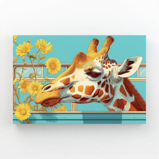 Giraffe with yellow flowers on a blue background