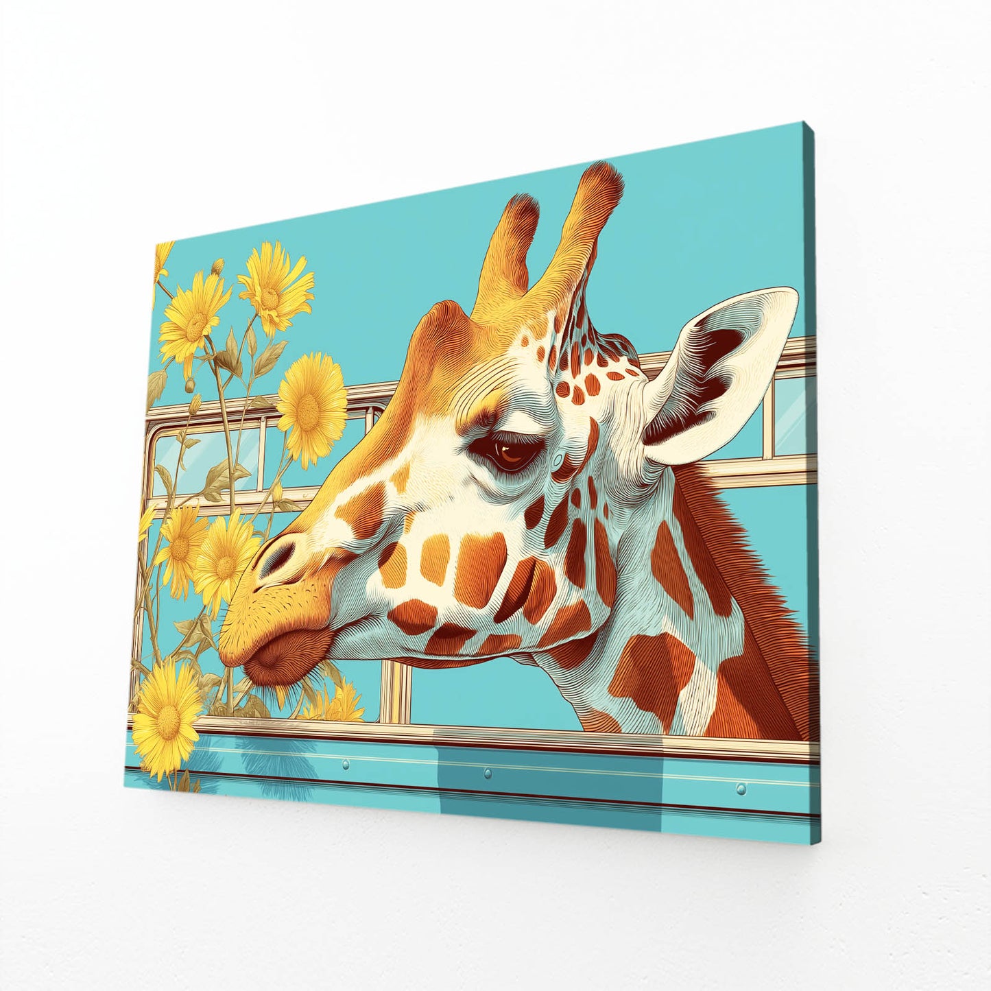Giraffe painting with flowers on a blue background