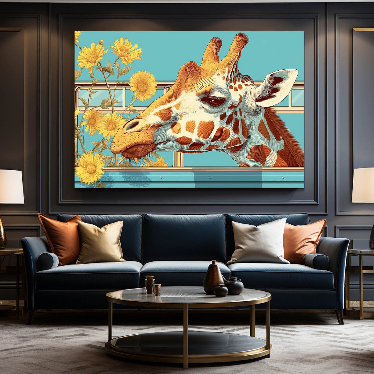 Living room with a blue sofa, round coffee table, and a large framed painting of a giraffe.