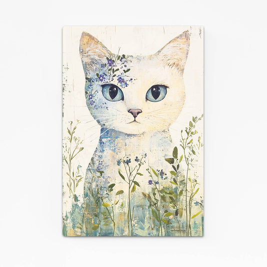 Floral Spirit Cat Wall Art — cute canvas print in white tones, angled canvas view on white background