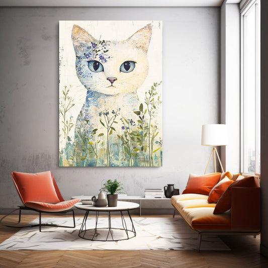 Floral Spirit Cat Wall Art — cute canvas print in white tones, view 3
