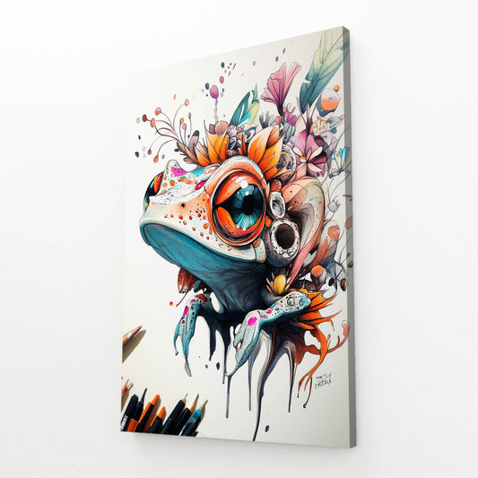 Floral Splash Dreamer Frog Art – angled canvas view on white background