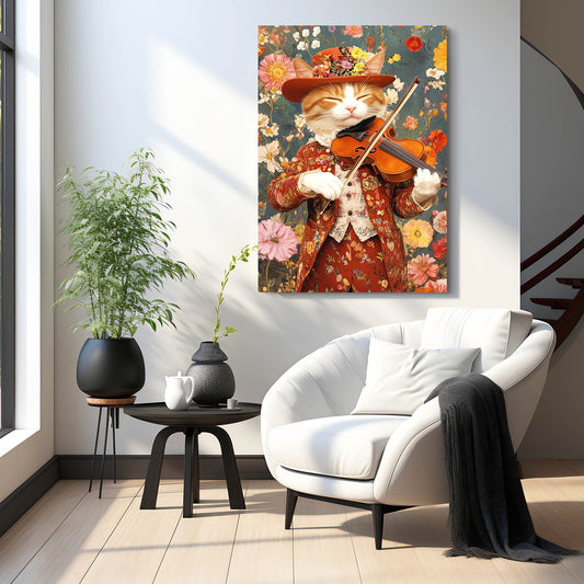 Floral Violinist Cat Wall Art — cute canvas print in orange tones, view 3