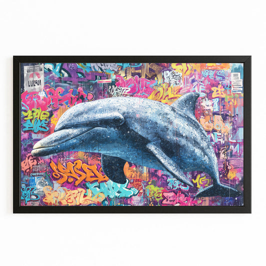 Flower Graffiti Dolphin Art – with Premium Black wood frame on white background
