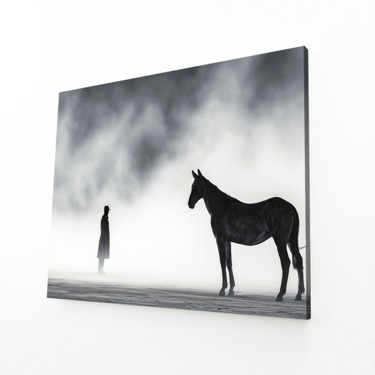 Foggy Horse Silhouette Photography Wall Art – angled canvas view on white background