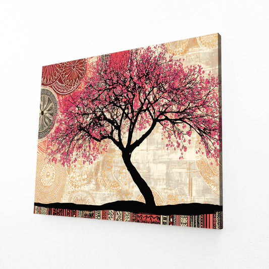 Folk Pattern Tree Cherry Blossom Wall Decor – angled canvas view on white background