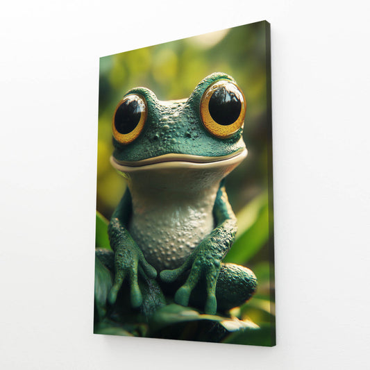Forest Emerald Gaze Frog Art – angled canvas view on white background
