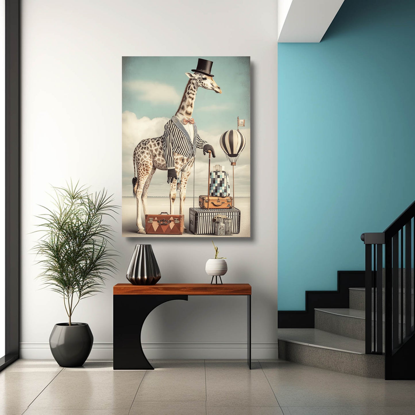 Decorative painting of a giraffe with a suitcase on a wall in a modern interior setting.