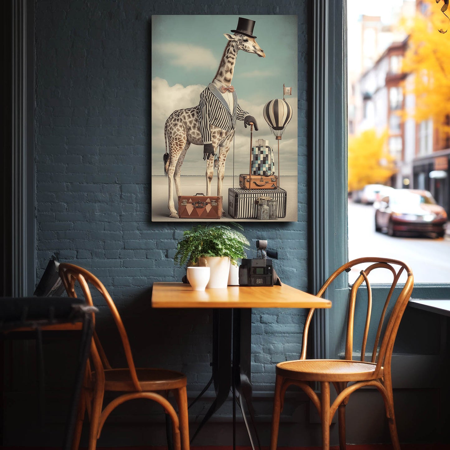 Giraffe with a suitcase and top hat on a wall in a cafe setting