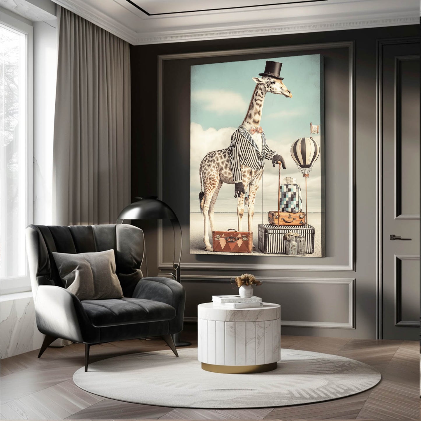 Modern living room with a stylish armchair, round coffee table, and framed artwork of a giraffe.