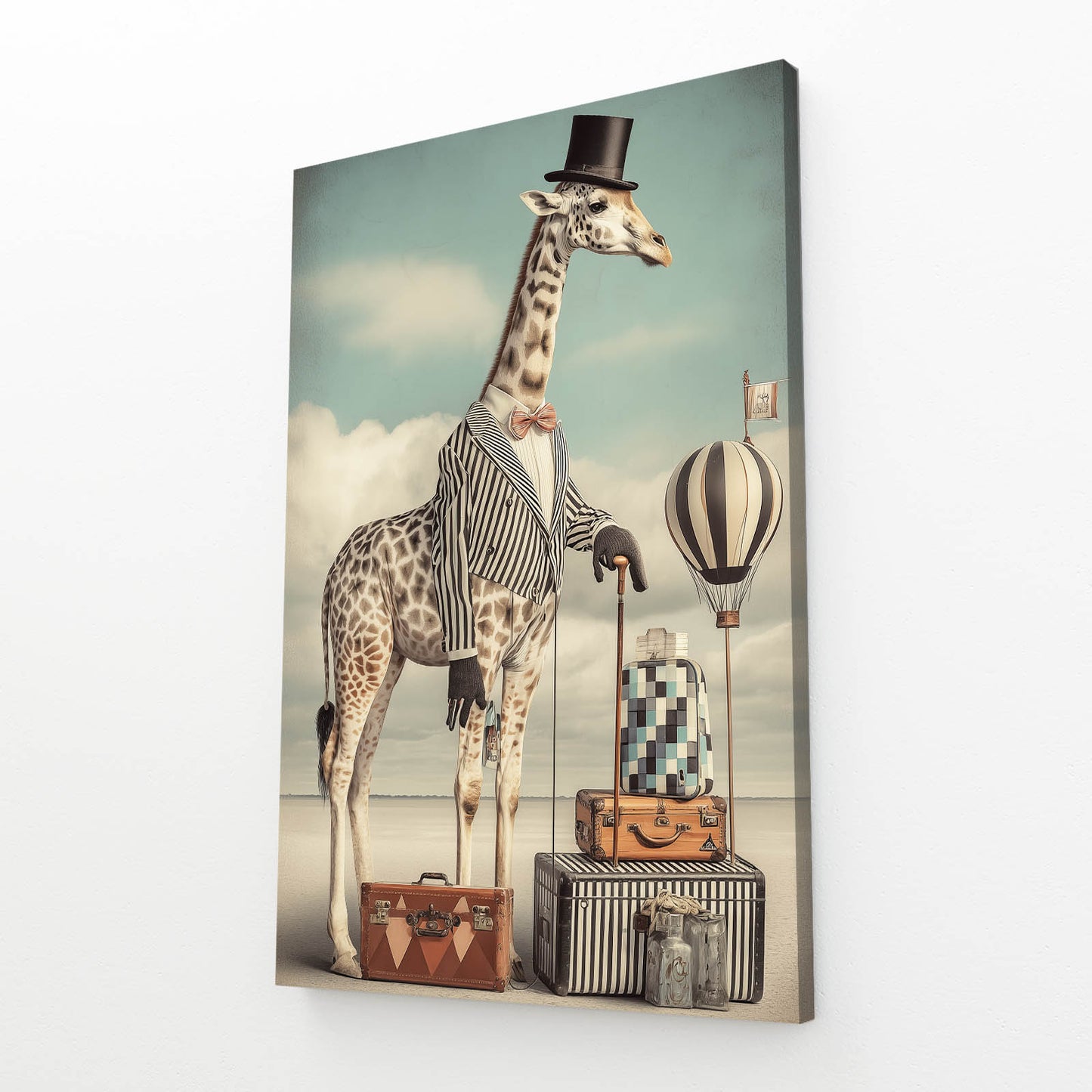 Giraffe in a suit with luggage and a hot air balloon in the background
