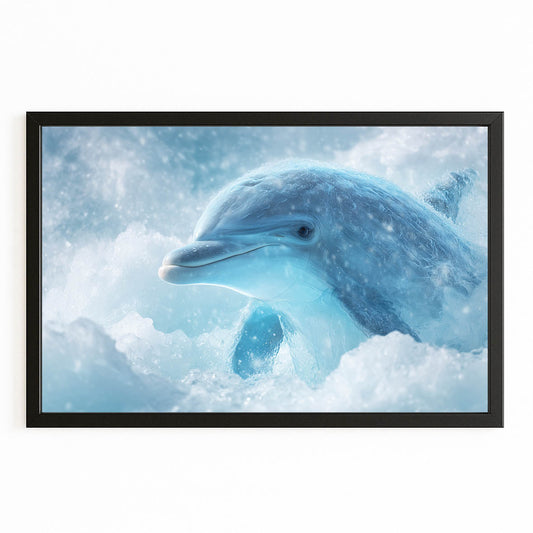 Frost Cloud Dolphin Art – with Premium Black wood frame on white background