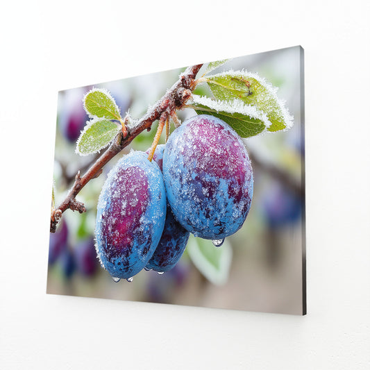 Frosted Plum Branch Fruit Art – angled canvas view on white background