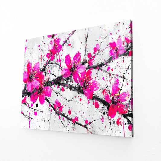 Fuchsia Spray Cherry Blossom Wall Decor – angled canvas view on white background
