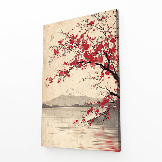 Fuji Lake Branch Cherry Blossom Canvas Art – angled canvas view on white background