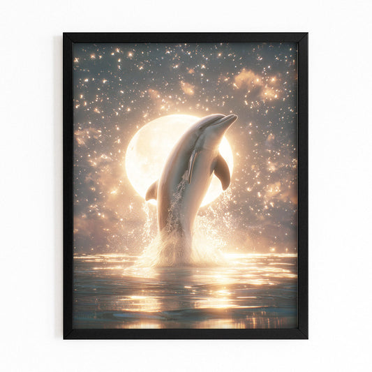 Full Moon Rise Dolphin Art – with Premium Black wood frame on white background