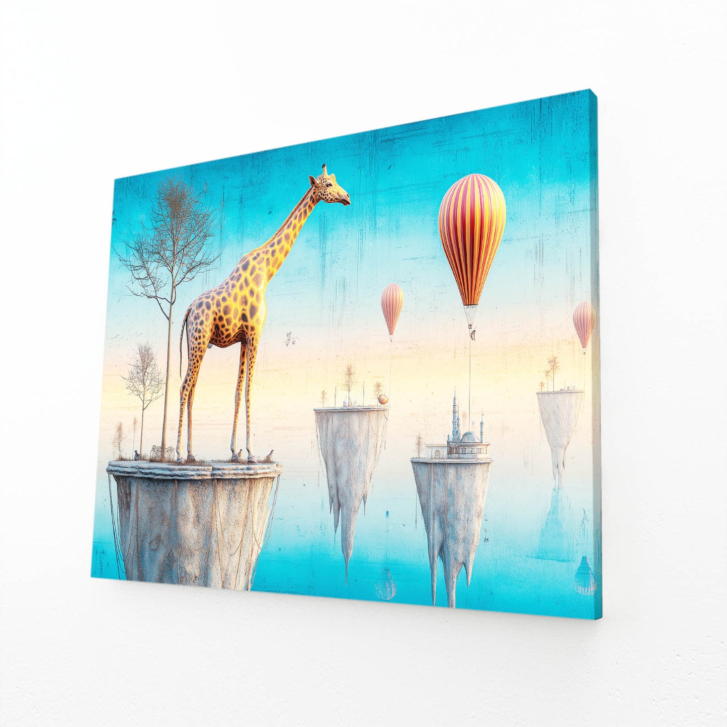 Giraffe standing on a platform with hot air balloons in the background