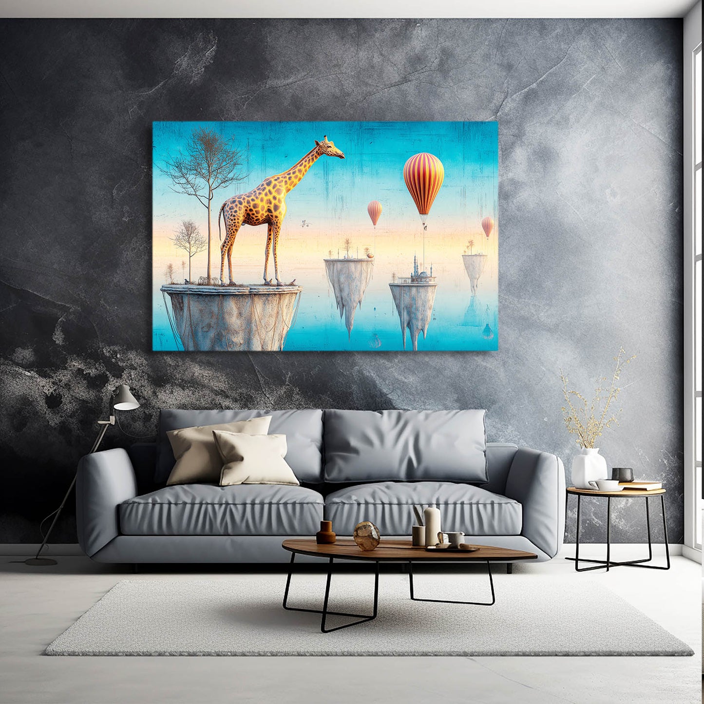 Living room with a large painting of a giraffe and hot air balloons on a gray wall.