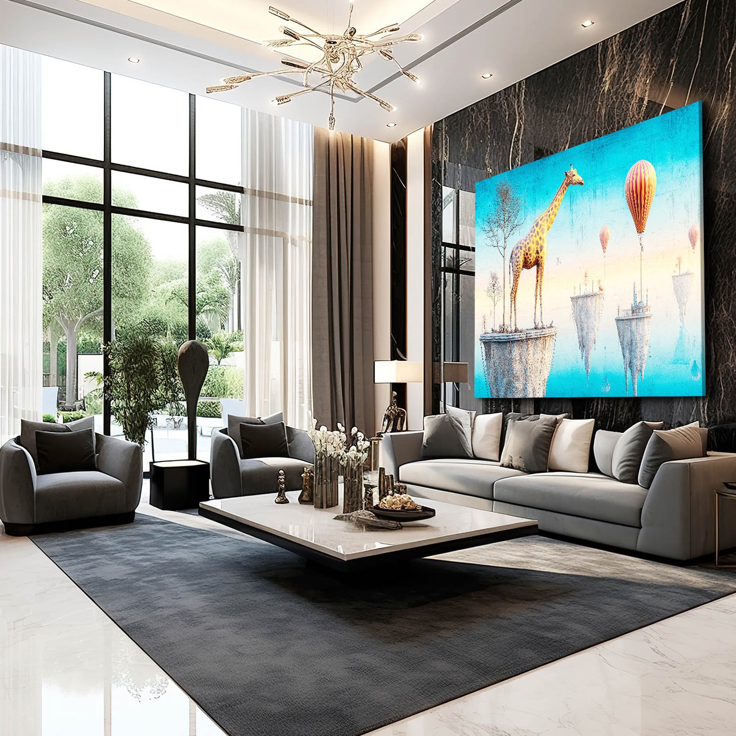 Modern living room with a large TV displaying an animal scene, gray sofa, and decorative items.