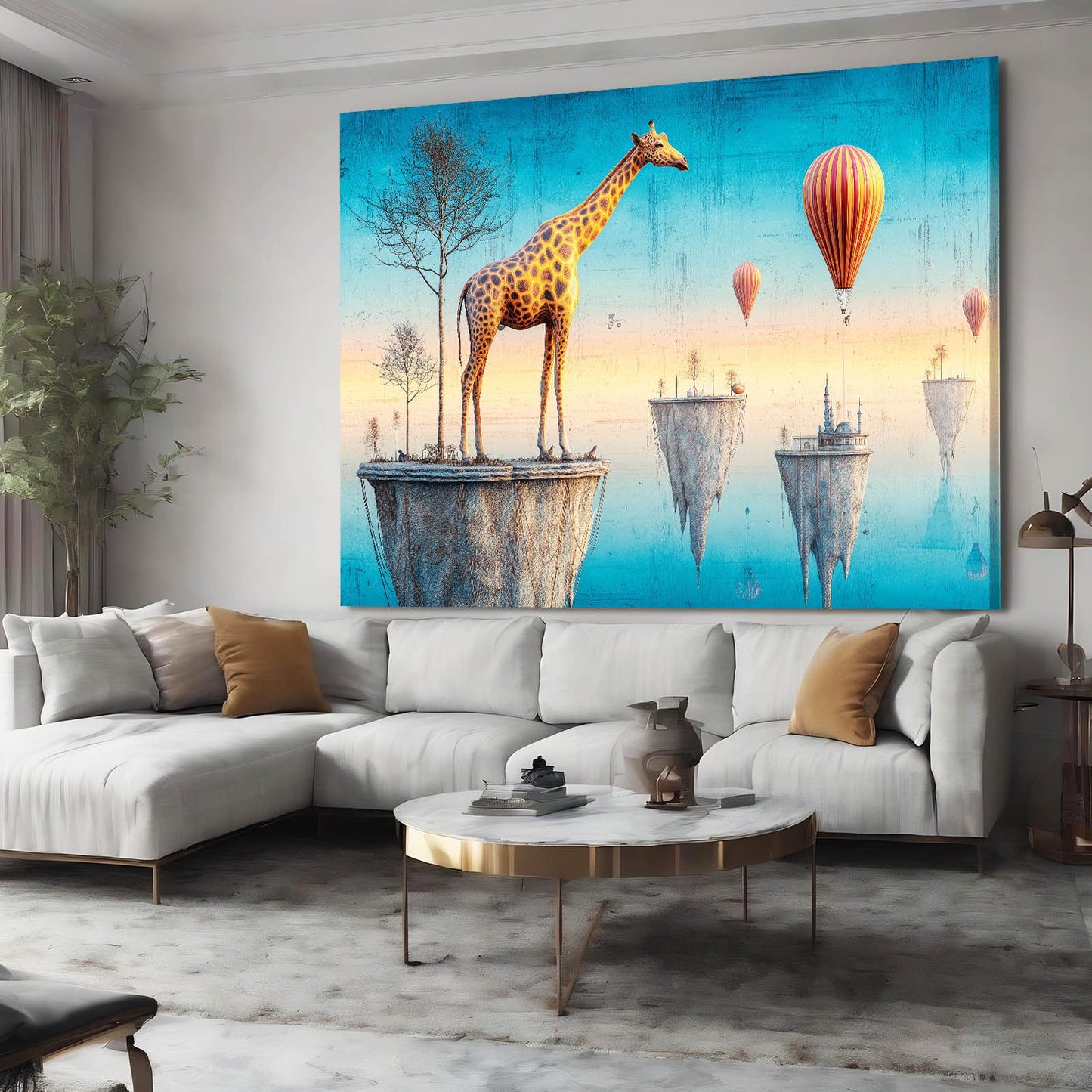 Living room with a large wall art of a giraffe and hot air balloons.