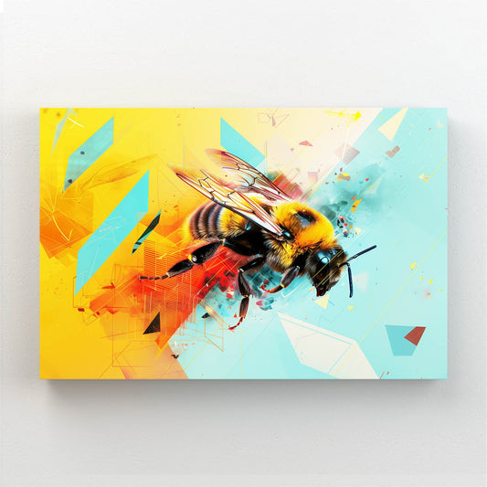 Futurist Vector Bee Art — digital canvas print in orange tones, angled canvas view on white background