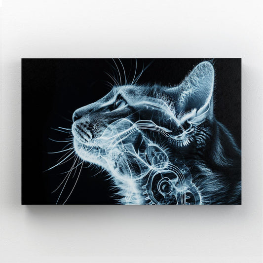 Futuristic X-Ray Cat Art — cyberpunk canvas print in blue tones, canvas print on white background