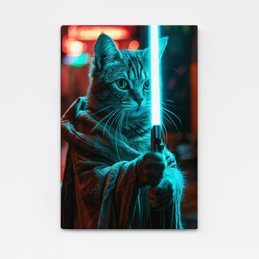 Galactic Cat Wall Art — digital canvas print in blue tones, angled canvas view on white background