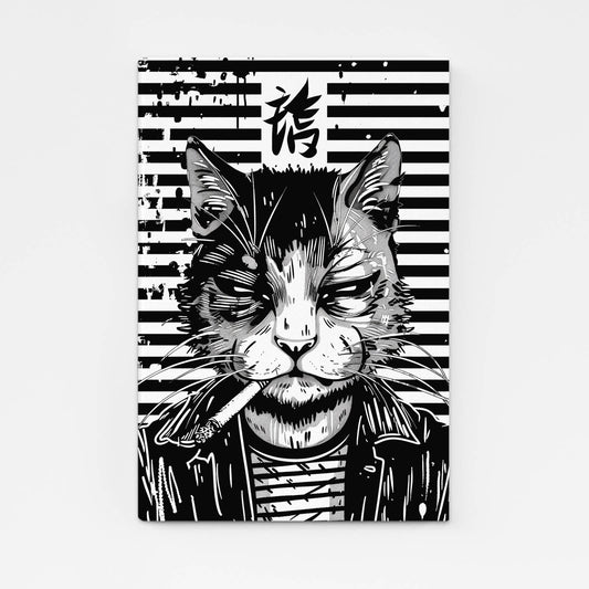 Gangster Attitude Cat Wall Art — anime canvas print in white tones, angled canvas view on white background