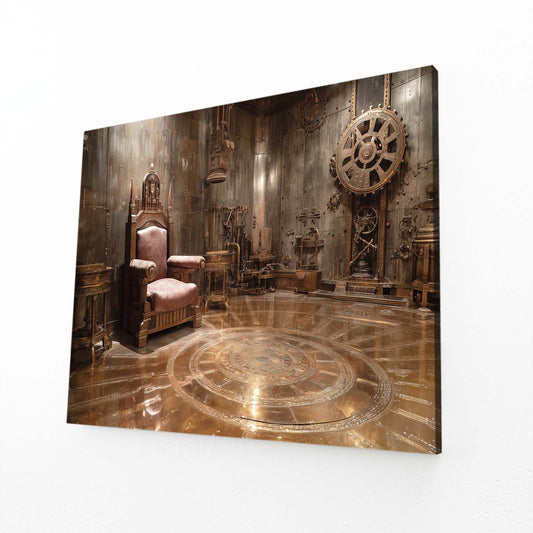 Gear Throne Chamber Steampunk Canvas Art – angled canvas view on white background