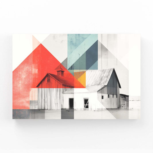 Geometric Abstract Barn Farmhouse Wall Art – angled canvas view on white background