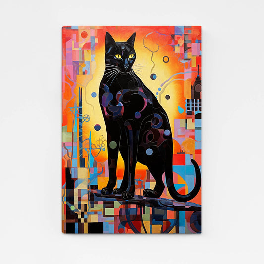 Geometric Abstract Cat Wall Art — contemporary canvas print in orange tones, angled canvas view on white background