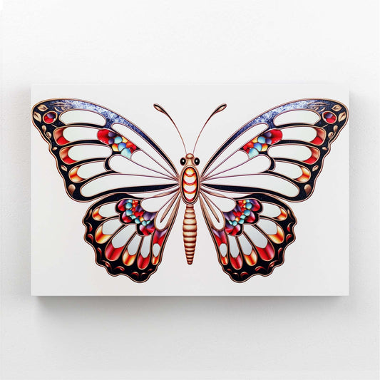 Geometric Butterfly Wall Art — contemporary canvas print in white tones, angled canvas view on white background