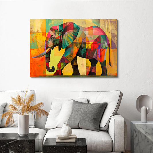 Geometric Colorful Elephant Art — abstract canvas print in orange tones, view 3