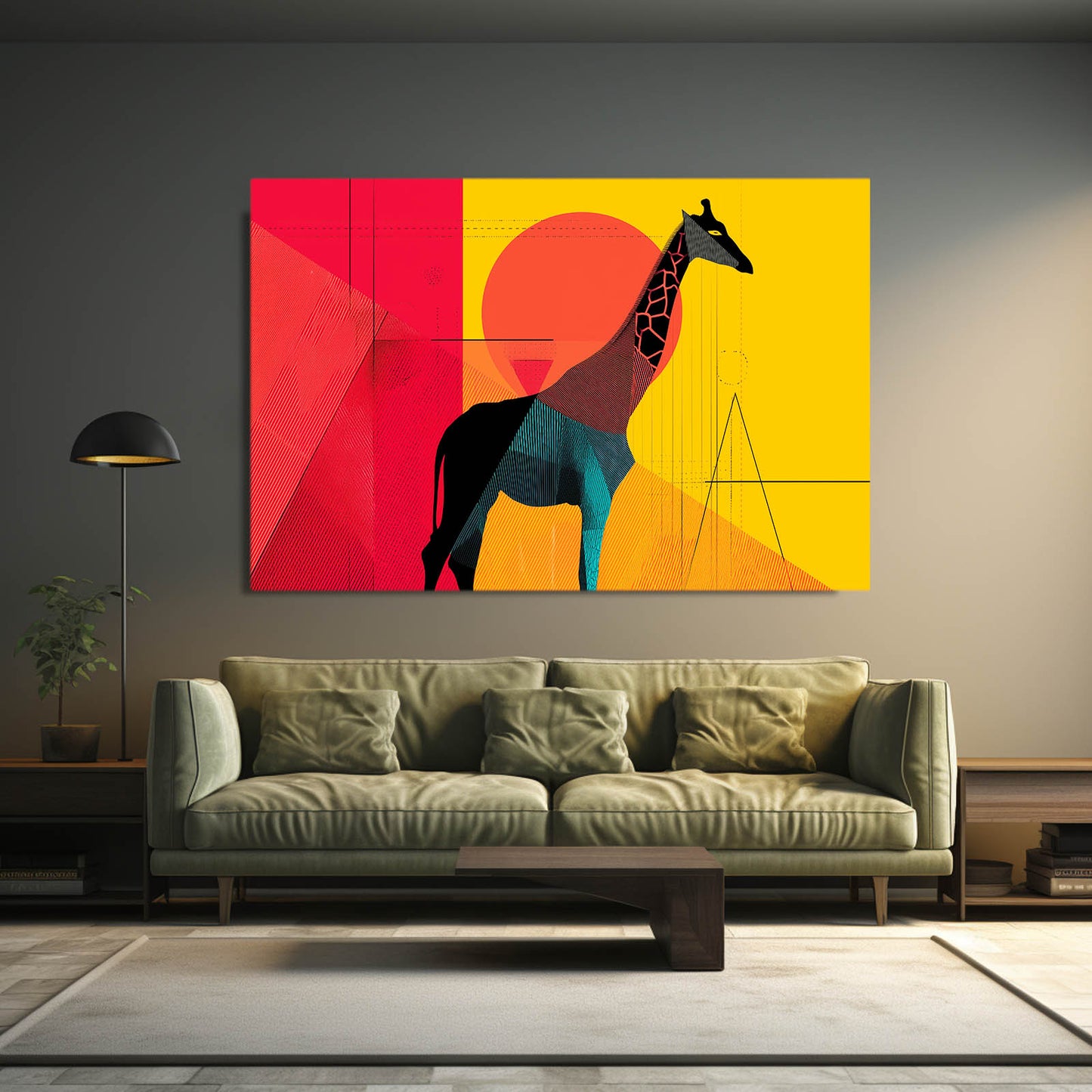 Modern living room with a colorful abstract painting of a giraffe on a gray wall.