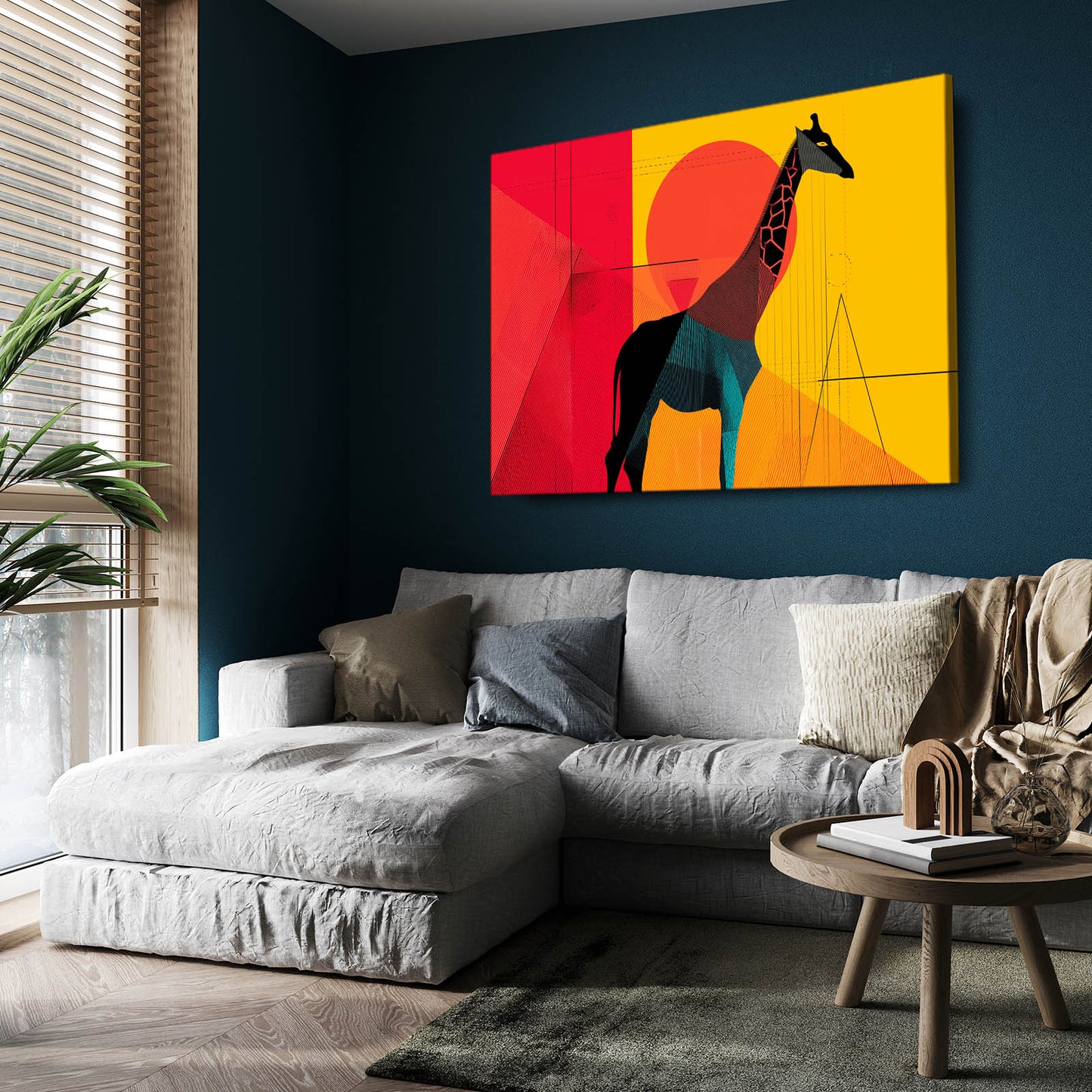Modern living room with a colorful abstract painting of a giraffe on a blue wall.