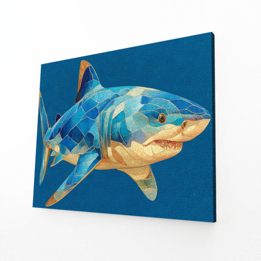 Geometric Mosaic Shark Wall Art – angled canvas view on white background