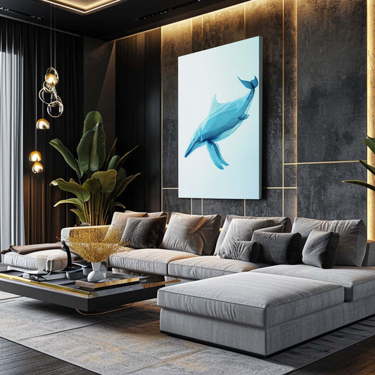 Geometric Polygonal Blue Whale Art — 3d canvas print in blue tones, view 3