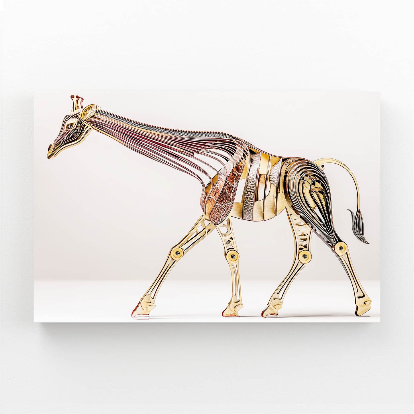 Metallic giraffe sculpture on a white background