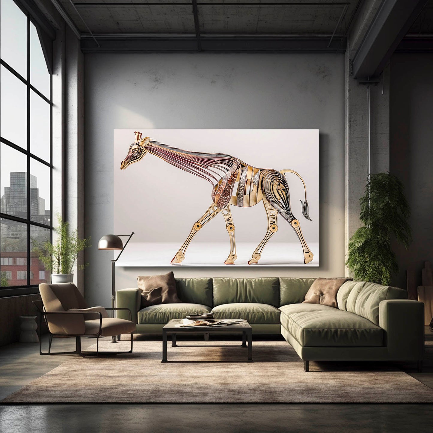 Modern living room with a large giraffe skeleton artwork on the wall.