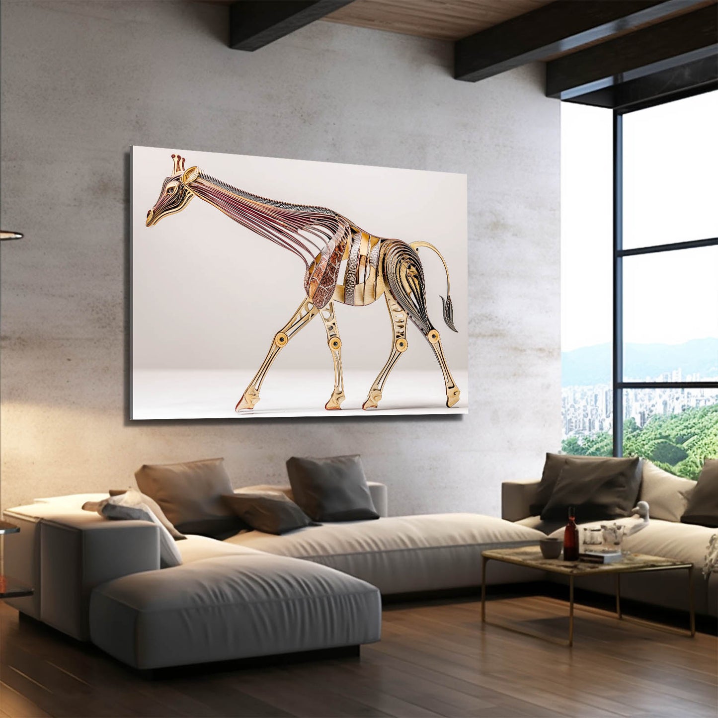 Modern living room with a giraffe art print on the wall