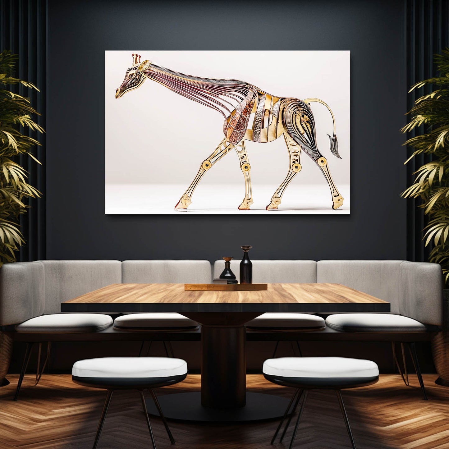 Dining room with a modern abstract giraffe artwork on the wall.