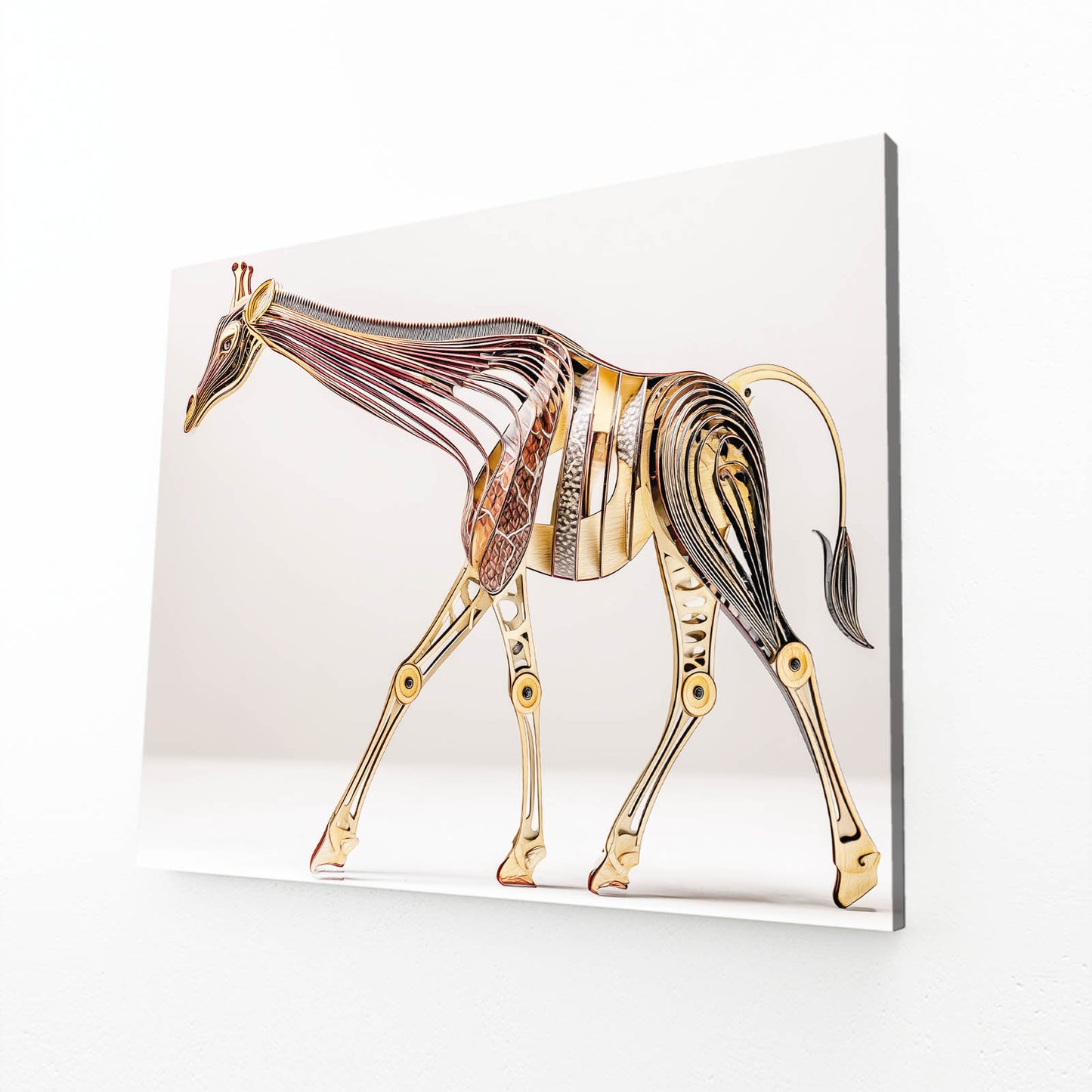 Decorative wall art of a horse with metallic gold, silver, and bronze colors on a white background.