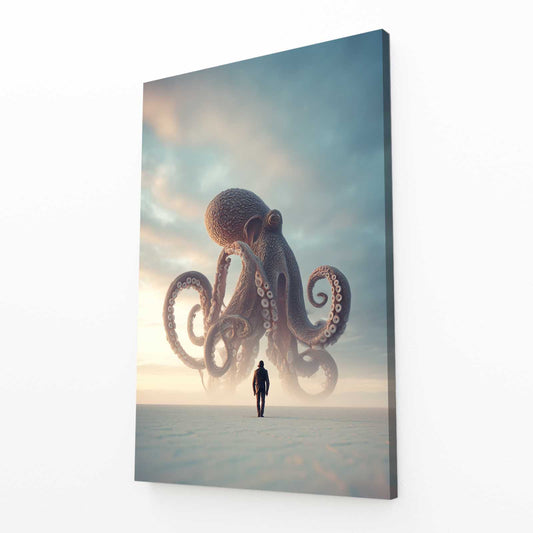 Giant In Fog Octopus Canvas Art – angled canvas view on white background