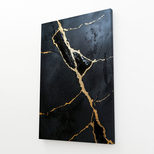 Gilded Black Stone Abstract Wall Art – angled canvas view on white background